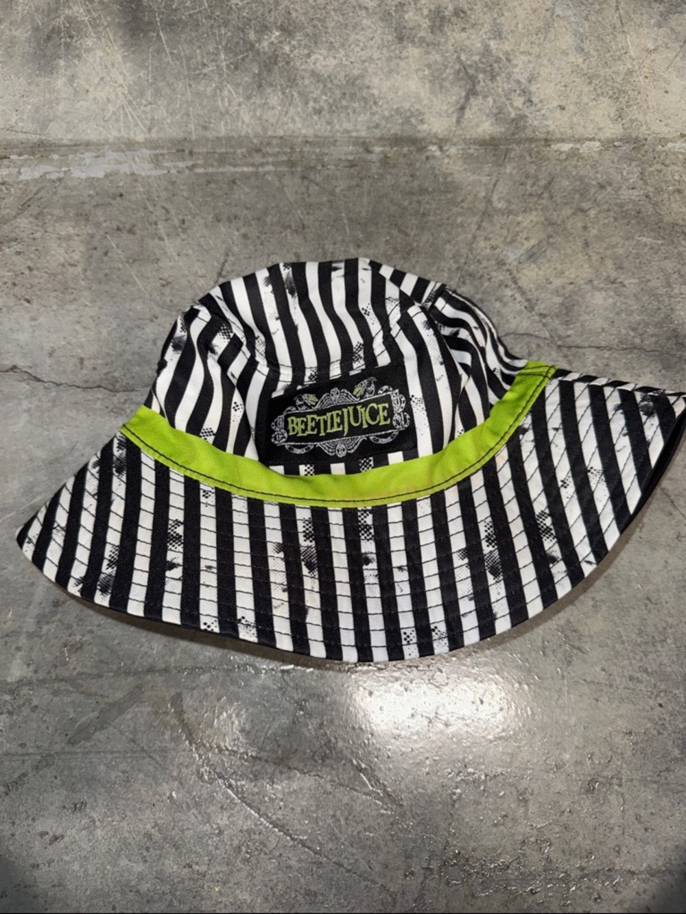 Beetlejuice Reversable Striped Bucket Hat with Lime Accent